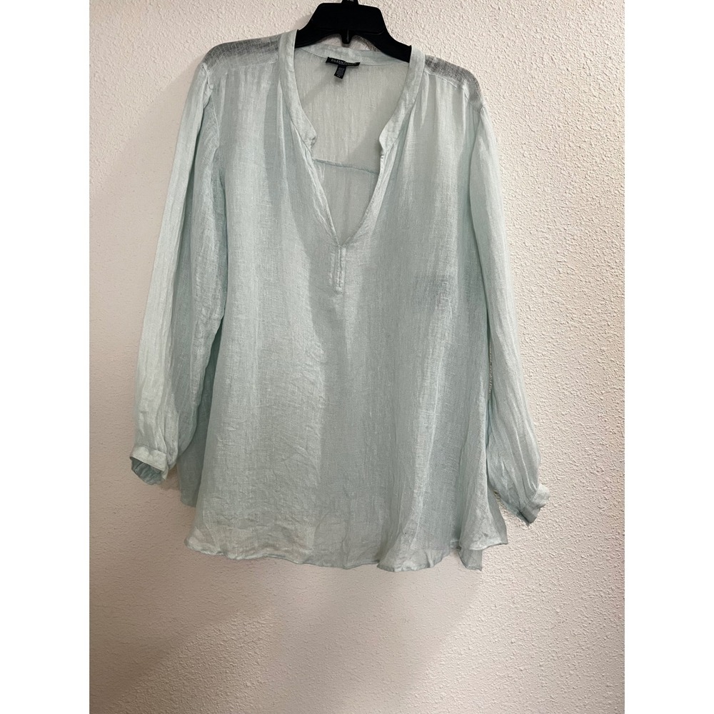 Eileen Fisher Woman 2X Organic Linen Blouse Seafoam Green Split Neck Top S5ONF - Picture 3 of 9